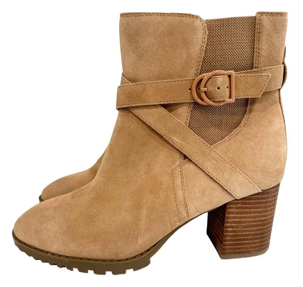 NEW Blondo Tamzin Waterproof Suede Camel Tan Ankle Booties Buckle Block Heel 10M